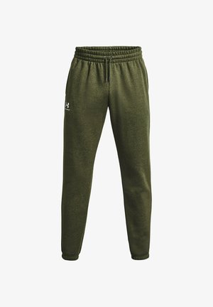 Olive green sweatpants made of soft fabric, featuring an elastic waistband with drawstring and tapered cuffs. Logo on the left thigh.