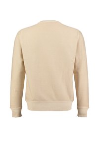 Beżowy sweter w prążki z okrągłym dekoltem, długimi rękawami i prążkowanymi manżetami. Gładka tekstura i luźny krój, odpowiedni do warstwowego noszenia.