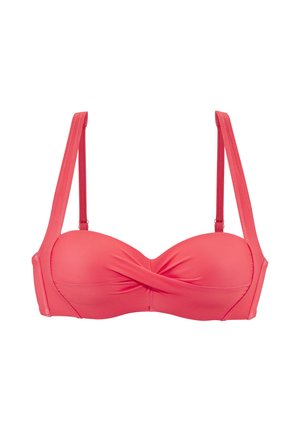 Coral pink padded bikini top with twisted front detail and adjustable shoulder straps on a white background.