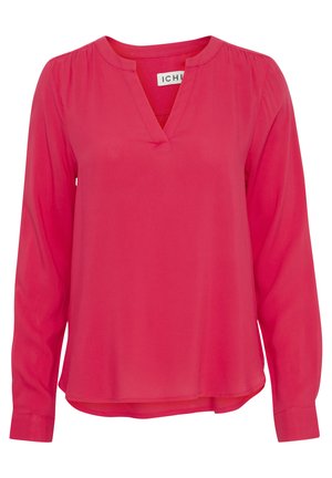 Frambooskleurige blouse met lange mouwen, V-hals, geplooide schouders en een ontspannen pasvorm. Gemaakt van lichte, gladde stof.