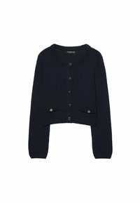 Navy blue cropped cardigan made of textured knit fabric, featuring a round neckline, five brass buttons, and two front pockets.