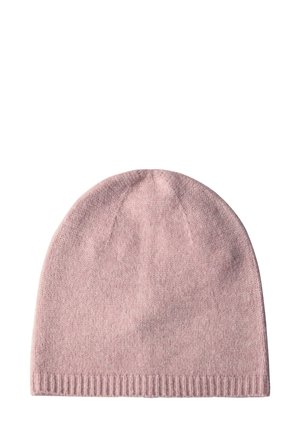 Bonnet en tricot rose avec une texture douce, présentant un dessus arrondi et un revers côtelé. Design simple sans motifs ni accents supplémentaires.