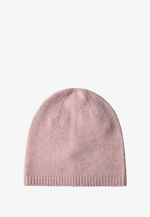 Gorro de punto rosa con una textura suave, que presenta una parte superior redondeada y un puño acanalado. Diseño simple sin patrones ni acentos adicionales.