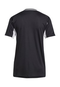 Zwarte sporttrui met korte mouwen, voorzien van witte zijaccenten en een ronde hals. Gemaakt van lichte, ademende stof.
