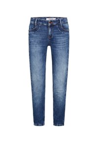 Jeans de mezclilla azul con un corte ajustado, que cuentan con cinco bolsillos, cierre de botón y detalles desgastados en las piernas.