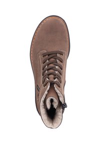 Brązowy skórzany botek za kostkę z sznurówkami, futrzanym wykończeniem i bocznym zamkiem błyskawicznym. Okrągły nosek i teksturowana gumowa podeszwa. Akcenty ze szwów na cholewce.