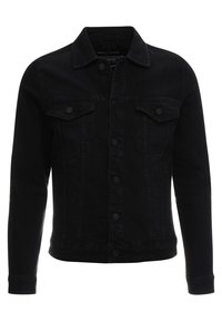 Giubbotto di denim nero con chiusura a bottoni, due tasche sul petto e maniche lunghe. Presenta un colletto classico e un orlo dritto.