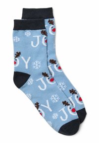 Calze azzurre chiare con volti di renne e nasi rossi, la parola "GIOIA" e motivi di fiocchi di neve. Cuffie e talloni a coste blu scuro.