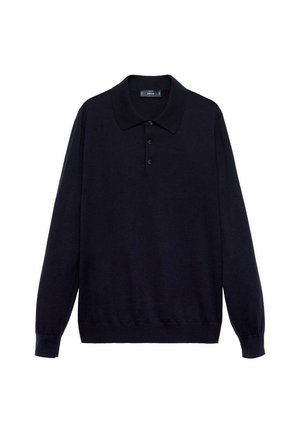 Marineblauwe langarm polo, zachte gebreide stof, klassieke kraag, drie-knopen sluiting, geribde manchetten en zoom, eenvoudig ontwerp zonder patronen.
