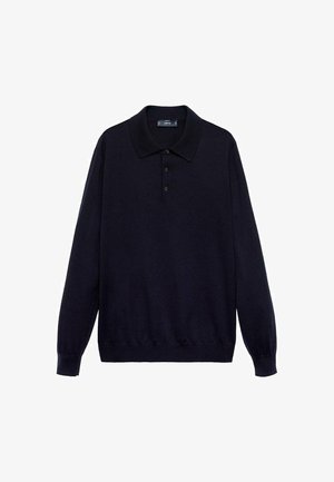 Polo à manches longues bleu marine, en tissu tricot doux, col classique, patte de boutonnage à trois boutons, poignets et ourlet côtelés, design simple sans motifs.