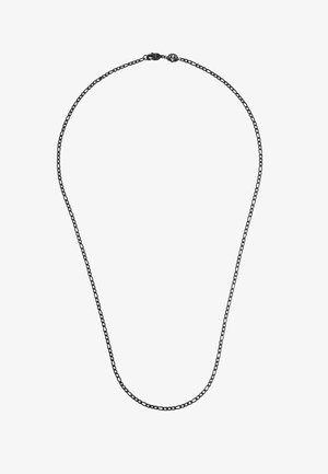 Fekete fém lánc nyaklánc egyszerű dizájnnal, amelyen kis, egyenletesen elhelyezett láncszemek találhatók, és biztos záródású kapoccsal rendelkezik.