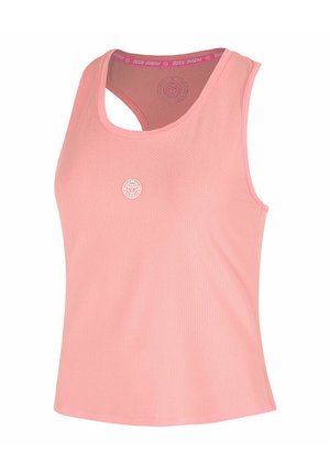 Hellrosa ärmelloses sportliches Tanktop aus Netzstoff mit kleinem weißem, runden Logo in der Mitte der Brust.