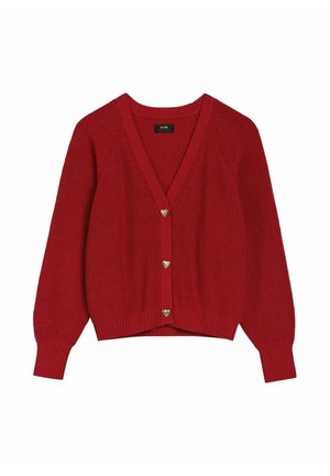 Czerwony dzianinowy kardigan z dekoltem w serek, żebrowaną fakturą i złotymi guzikami w kształcie serca. Posiada długie, szerokie rękawy i skrócony dół.