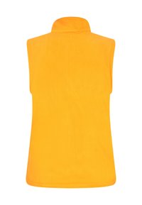 Gilet senza maniche arancione in fleece con colletto alto, superficie liscia e orlo arrotondato. Nessun hardware o motivo visibile.