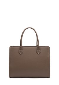 Borsa a spalla in pelle marrone con doppi manici, superficie testurizzata, forma rettangolare, cuciture a contrasto e senza hardware visibile.