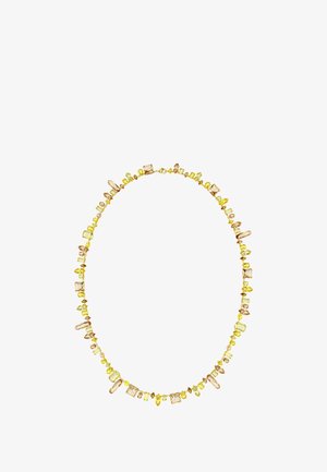 Halskette mit unregelmäßig geformten gelben und hellbraunen Edelsteinen, die in Größe und Textur variieren und auf einer dünnen Kette aufgefädelt sind.