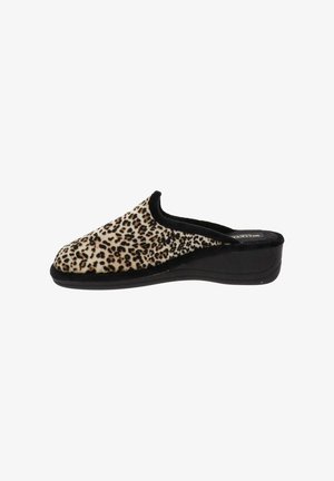 Zapatillas de casa con estampado de leopardo, con parte superior de felpa, bordes negros y una suela de goma negra elevada, diseñadas para brindar comodidad y calidez.