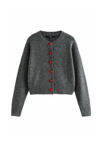 Grey knitted cardigan with long sleeves, ribbed cuffs and hem, featuring six red heart-shaped buttons down the front.