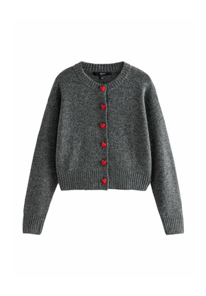 Grey knitted cardigan with long sleeves, ribbed cuffs and hem, featuring six red heart-shaped buttons down the front.
