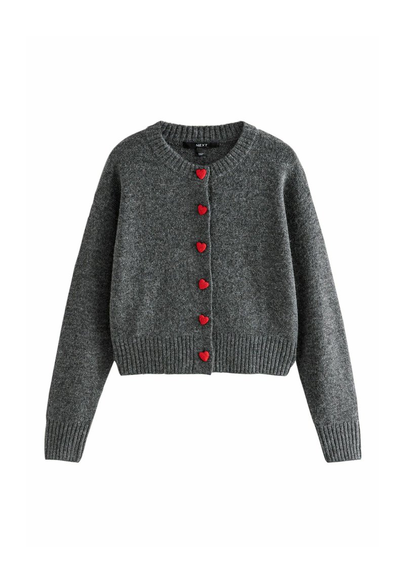 Grey knitted cardigan with long sleeves, ribbed cuffs and hem, featuring six red heart-shaped buttons down the front.