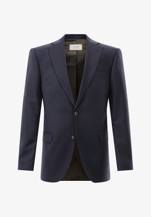 Navy blue blazer, tailored fit, single-breasted design, notch lapels, two buttons, side pockets, with a patterned interior lining.