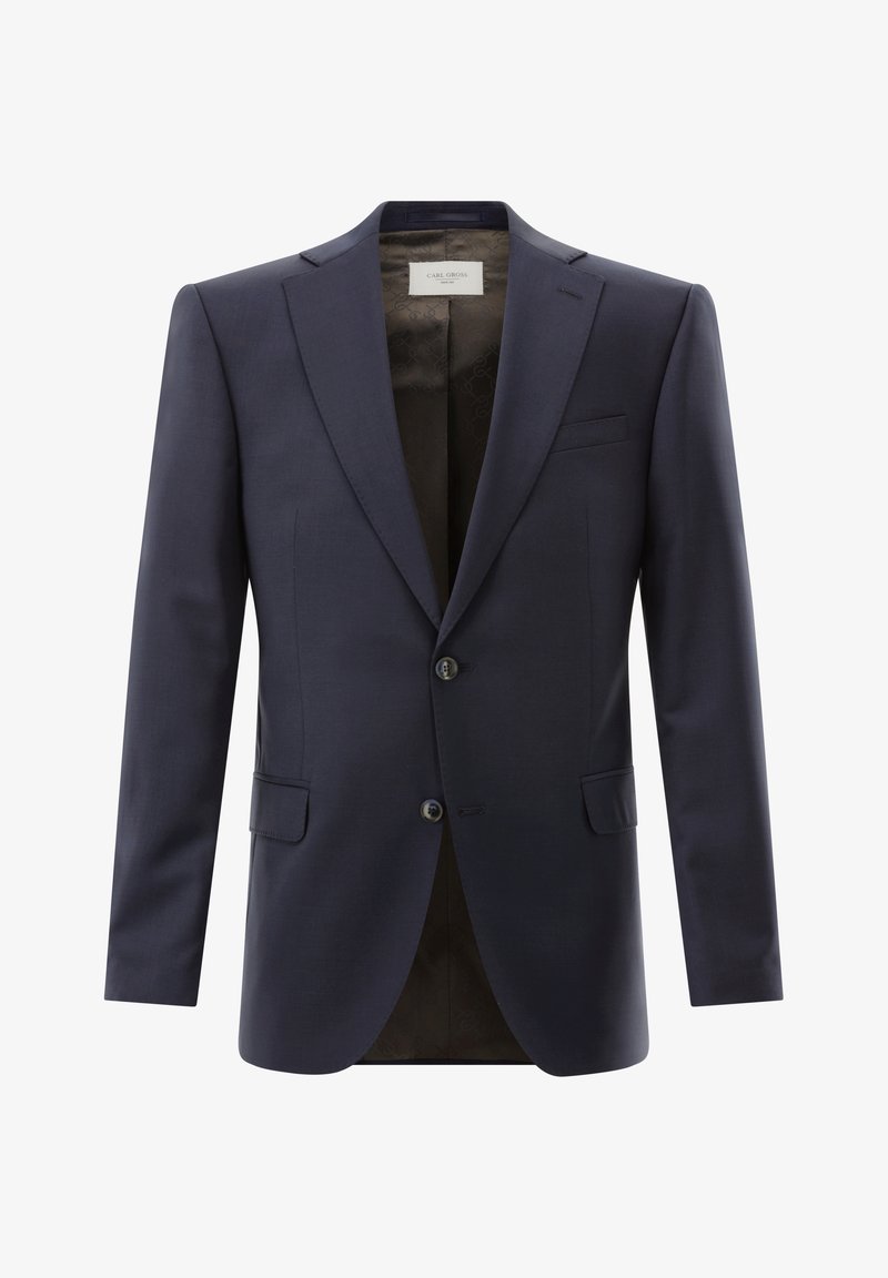 Marineblauer Blazer, maßgeschneiderte Passform, einreihiges Design, Revers mit Kerb, zwei Knöpfe, seitliche Taschen, mit gemustertem Innenfutter.