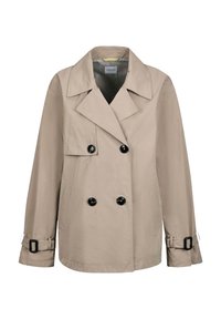 Beige dubbelgeknoopte trenchcoat met grote zwarte knopen, borstzak en verstelbare gespsluitingen op de mouwen. Getextureerd materiaal.