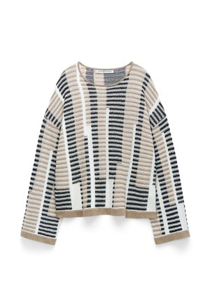 Sweter z długim rękawem o pionowym wzorze w paski w kolorach beżowym, czarnym i białym, z okrągłym dekoltem i prążkowanymi obszyciami.