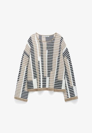 Langärmliger Strickpullover mit vertikalem Streifenmuster in Beige, Schwarz und Weiß, mit Rundhalsausschnitt und gerippten Säumen.
