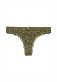 String en dentelle vert olive avec motif floral et petit détail en anneau doré au centre à l'avant.