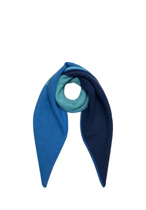 Triangular scarf with three shades of blue, twisted in a loop with pointed ends hanging down.