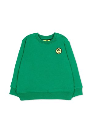 Groen sweatshirt met lange mouwen voor peuters, voorzien van geribbelde manchetten, drukknopen op de schouder en een kleine gele smiley-badge op de borst.