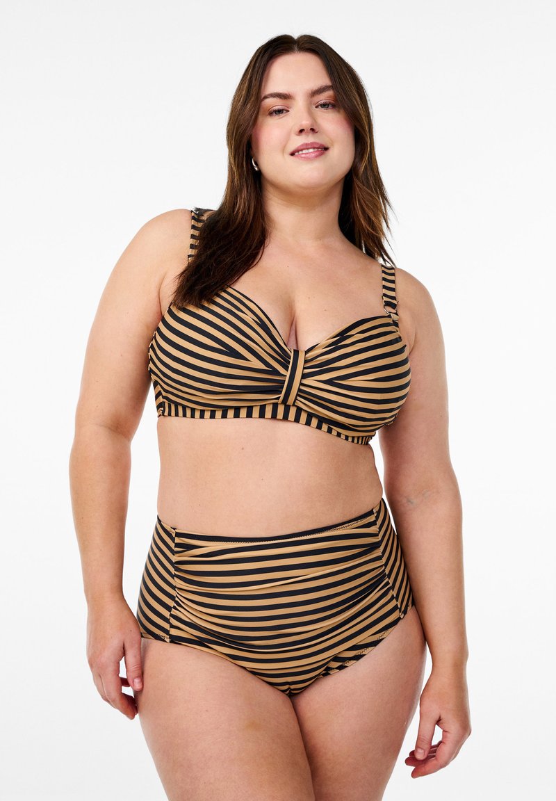 Brauna un melna svītrota bikini komplekts ar strukturētu, sastrādātu augšu ar platām siksnām un augstām biksēm ar sānu krokām.