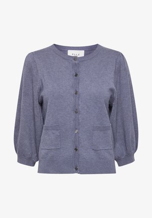 Cardigan blu lavorato a maglia con collo rotondo, maniche lunghe a palloncino, due tasche frontali applicate e chiusura con bottoni neri.