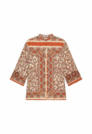 Chemise à manches longues boutonnée avec motifs cachemire et floraux orange, beige et marron, avec col mandarin et poches avant.