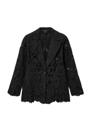 Blazer in pizzo nero con motivi floreali intagliati, due tasche frontali e orlo ondulato. Revers e chiusura con un bottone.