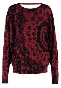 Maglione rosso a maniche lunghe con motivi astratti circolari e floreali neri, con scollo rotondo e vestibilità rilassata.
