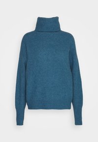 Pull à col roulé bleu sarcelle à manches longues, fabriqué en maille douce, avec col et poignets côtelés, coupe décontractée et texture subtile.