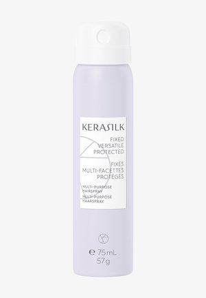 Kerasilk multifunctionele hairspray sprayfles, licht lavendelkleur, witte dop, gelabeld vast, veelzijdig, beschermd, 75 ml, 57 g.