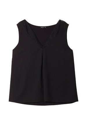 Zwarte mouwloze blouse met V-hals en kantafwerking, voorzien van een plooitje in het midden vooraan en een licht gebogen zoom.