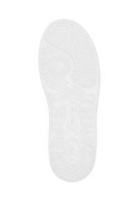 Semelle de chaussure en caoutchouc blanc avec un motif texturé comportant des rainures circulaires et linéaires pour l'adhérence, marquée d'un logo au centre.