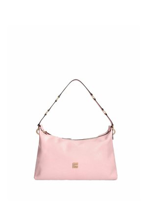 Hellrosa Schultertasche mit einem verstellbaren Riemen und einem kleinen goldenen quadratischen Logo in der vorderen Mitte.