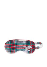 Mascherina per il sonno a fantasia tartan in rosso, verde e bianco; presenta una texture morbida e un elastico; include un dettaglio ricamato di un orsetto su un lato.