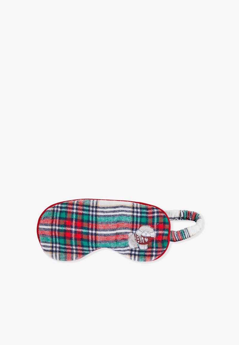 Mascherina per il sonno a fantasia tartan in rosso, verde e bianco; presenta una texture morbida e un elastico; include un dettaglio ricamato di un orsetto su un lato.