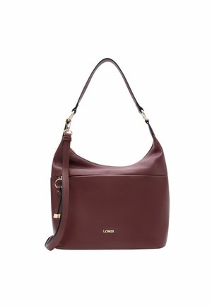 Borsa a spalla in pelle borgogna con texture liscia, ampia apertura e dettagli in metallo dorato; include una tracolla rimovibile.