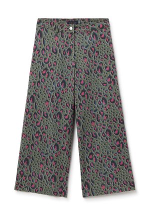 Green patterned wide-leg trousers featuring a leopard print with pink accents. Made from cotton, they have a button closure and front pockets.