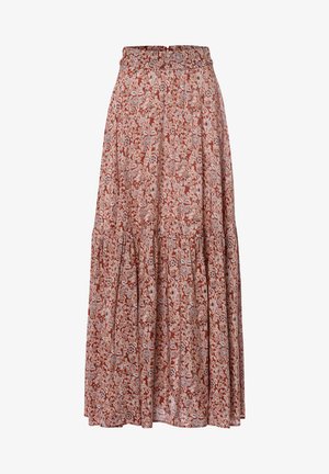 Maxi rok met een bloemenpatroon in warme terracotta tinten, gemaakt van lichtgewicht stof met een gegatherde tailleband en gelaagd ontwerp voor extra volume.