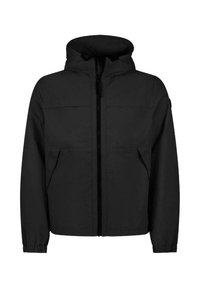 Zwarte capuchonjas gemaakt van lichtgewicht materiaal; voorzien van een ritssluiting aan de voorkant, twee steekzakken en elastische manchetten.