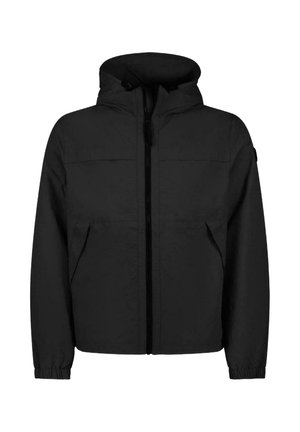 Zwarte capuchonjas gemaakt van lichtgewicht materiaal; voorzien van een ritssluiting aan de voorkant, twee steekzakken en elastische manchetten.