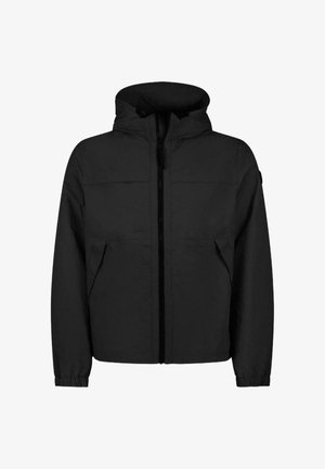 Zwarte capuchonjas gemaakt van lichtgewicht materiaal; voorzien van een ritssluiting aan de voorkant, twee steekzakken en elastische manchetten.